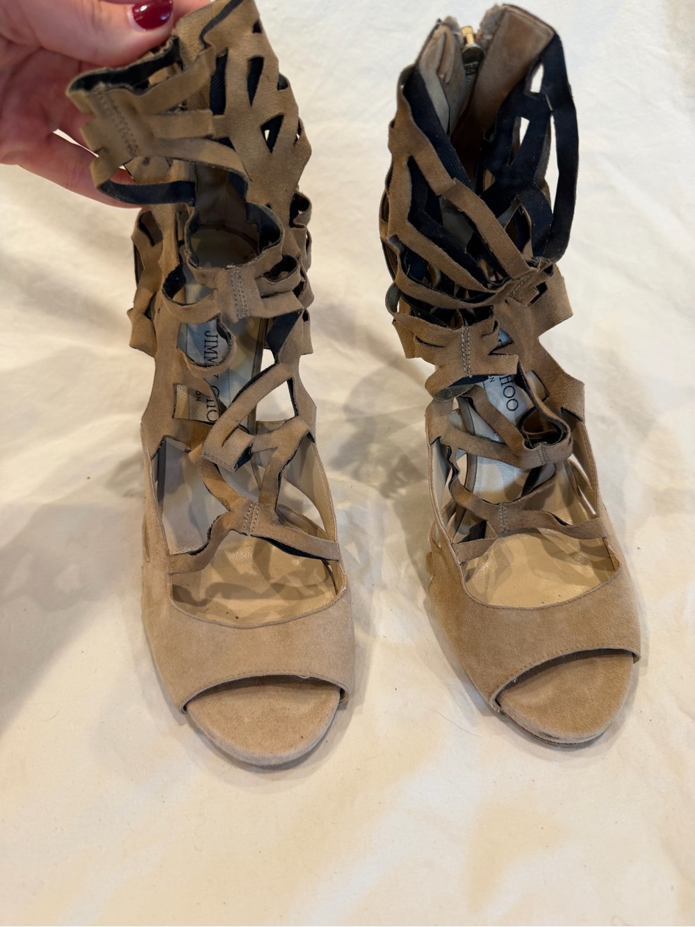 Jimmy Choo Beige Suede Cutout Lace-Up Heels
